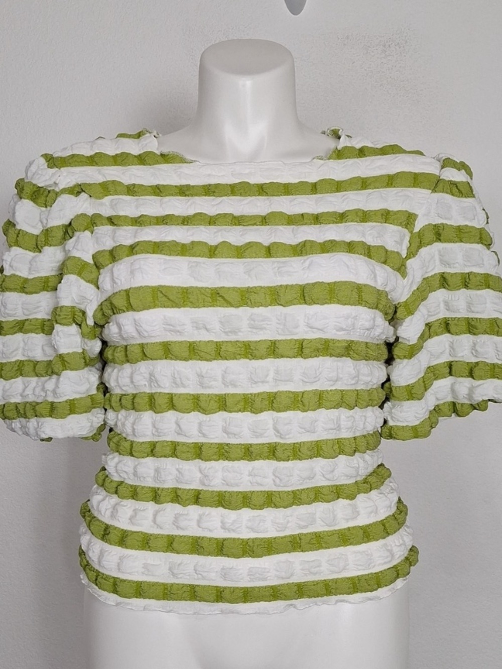 Kaktus “NEW” Green & White Striped Puff Sleeve Textured Cottagecore Top Size XL - Picture 2 of 9